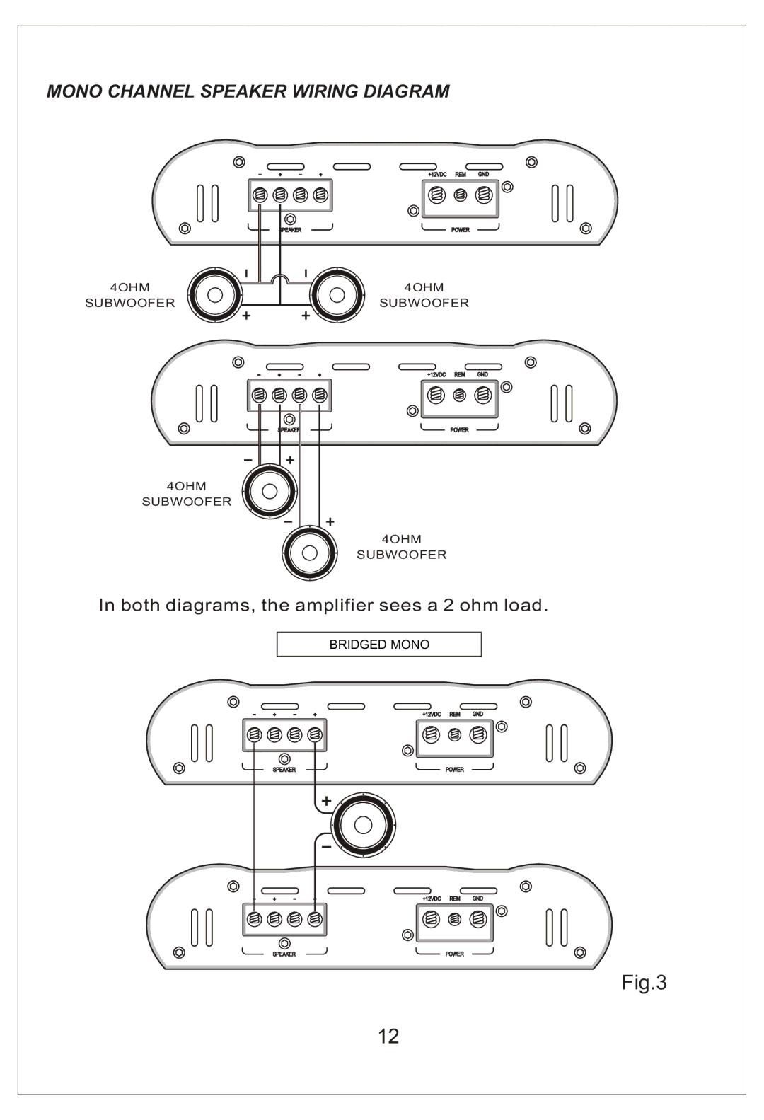 Bassworx BA150.1, BA800.1D, BA75.2, BA150.2, BA1200.1D, BA75.4, BA500.1D manual Mono Channel Speaker Wiring Diagram 