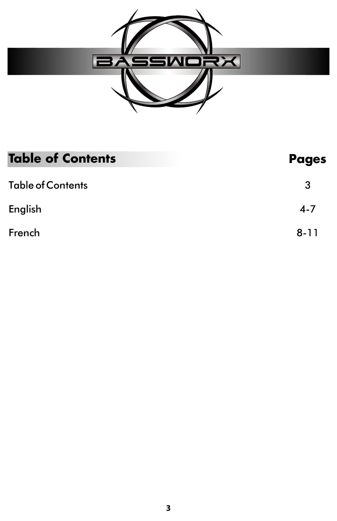 Bassworx BS462, BS693, BS52, BS42, BS682, BS62 manual Table of Contents Pages 