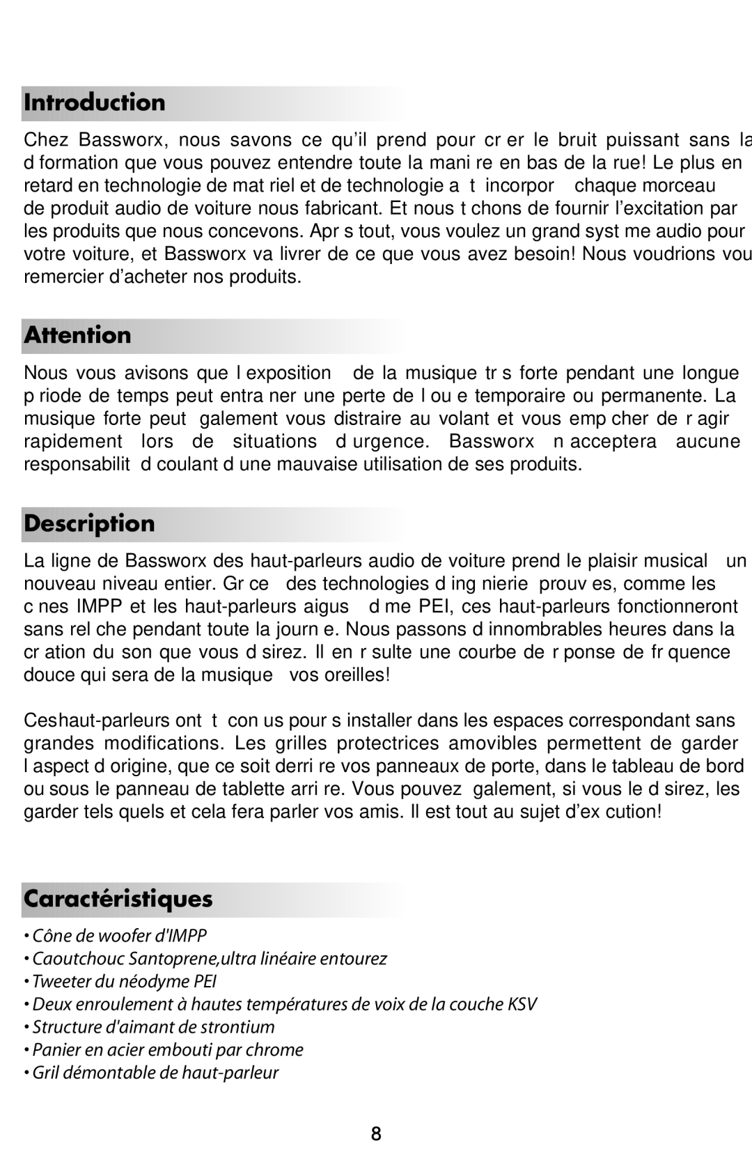 Bassworx BS42, BS693, BS52, BS462, BS682, BS62 manual Introduction, Caractéristiques 