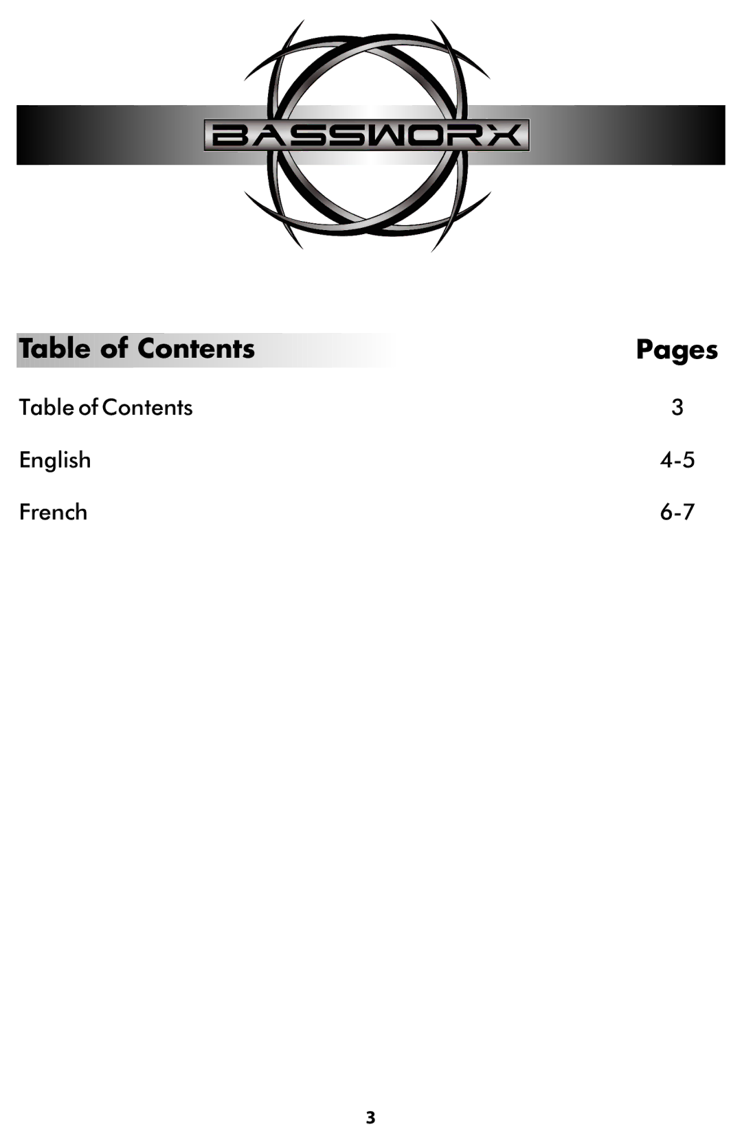 Bassworx Series 1 manual Table of Contents Pages 