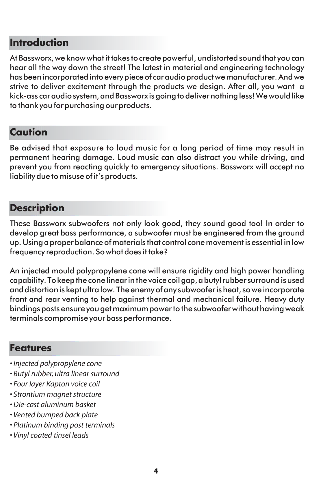 Bassworx Series 2 manual Introduction, Description, Features 