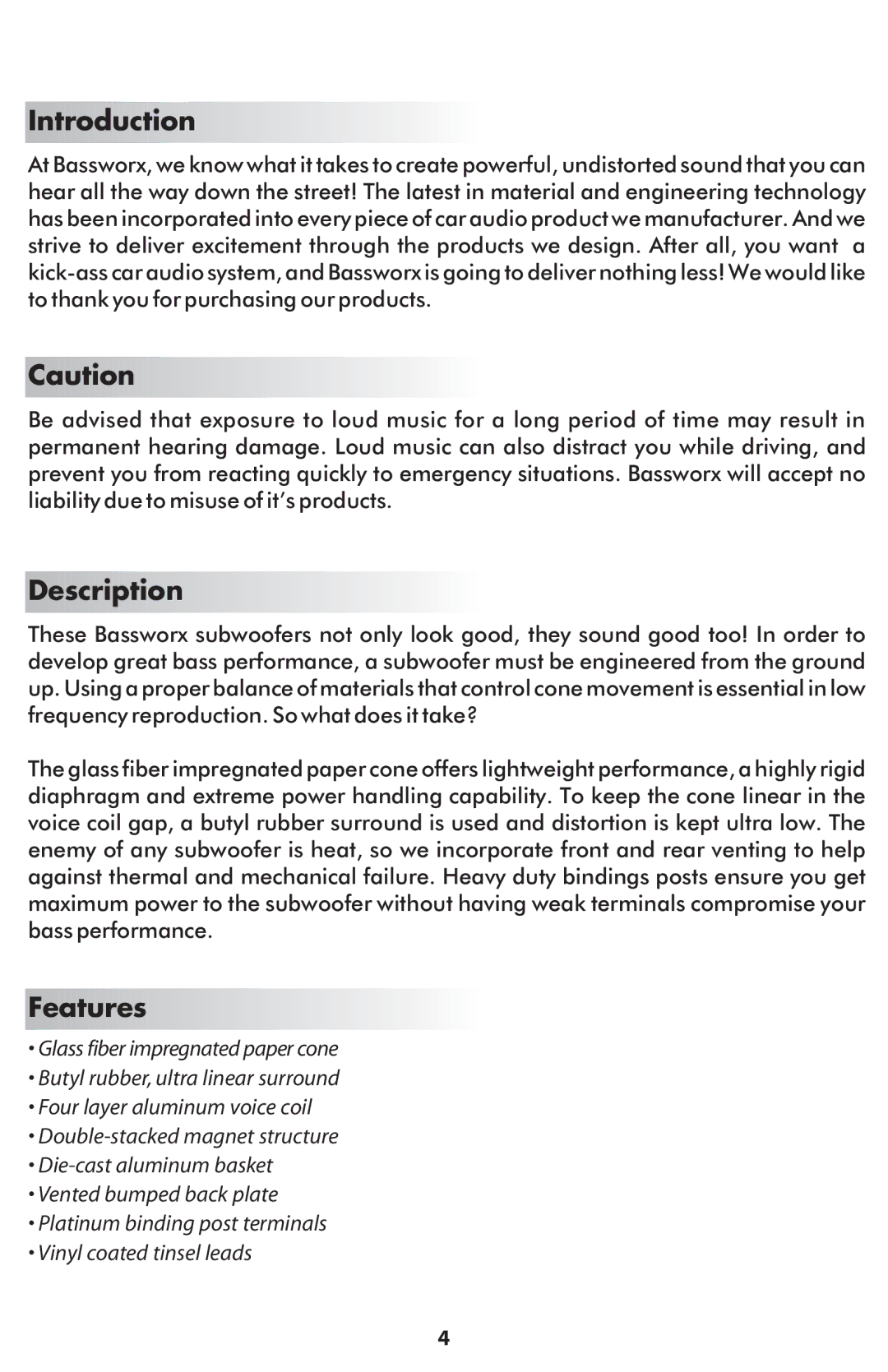 Bassworx Series 3 manual Introduction, Description, Features 