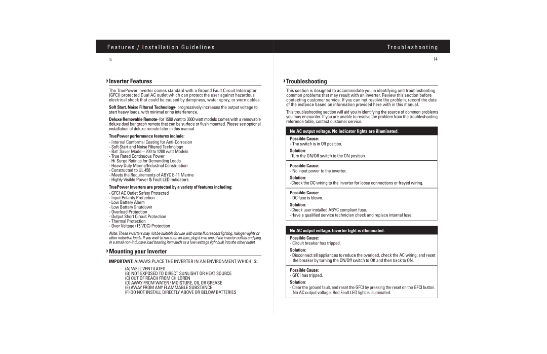 Battery-Biz 5250, 5170, 5200, 5150, 5300 manual Inverter Features, Mounting your Inverter, Troubleshooting 