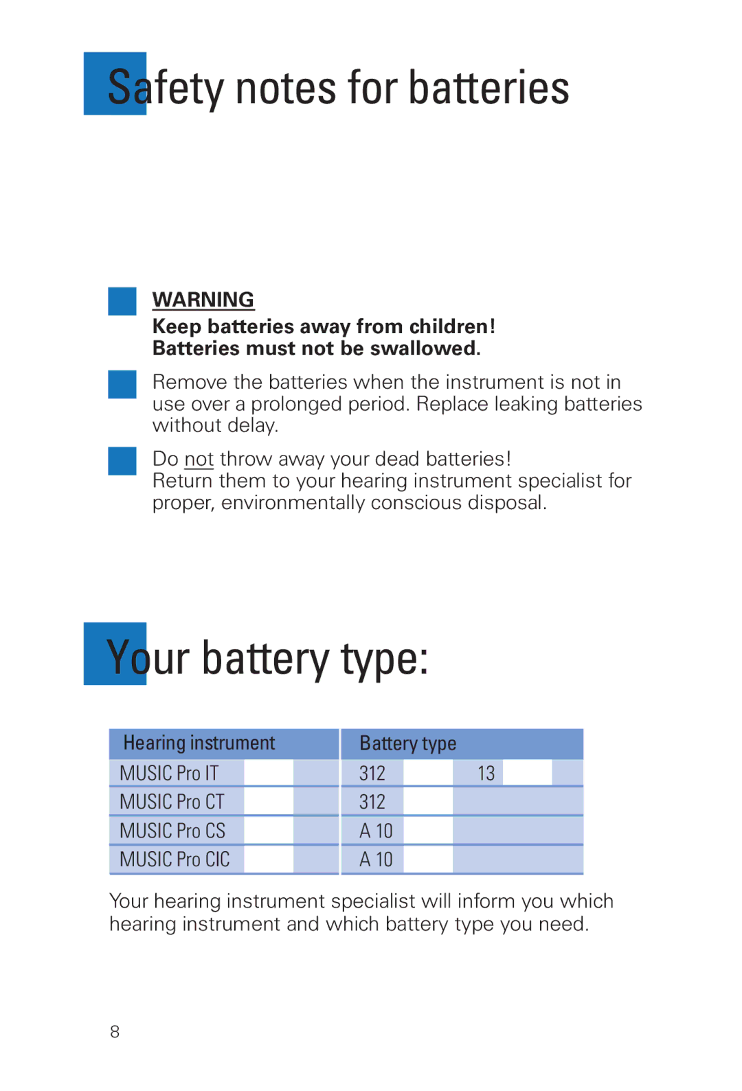 Battery-Biz Safety notes for batteries, Your battery type, Music Pro IT 312 Music Pro CT Music Pro CS Music Pro CIC 