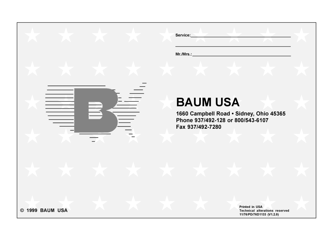 Baum Bros. Imports 26.4 manual Fax 937/492-7280, Baum USA, Service Mr./Mrs 