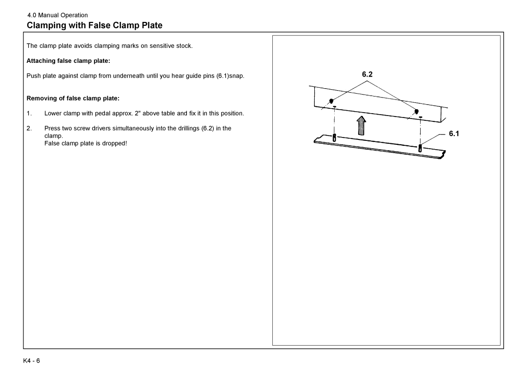 Baum Bros. Imports 26.4 manual Clamping with False Clamp Plate, Attaching false clamp plate, Removing of false clamp plate 