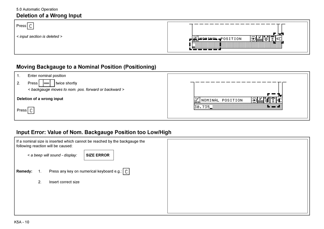 Baum Bros. Imports 26.4 manual Deletion of a Wrong Input, Moving Backgauge to a Nominal Position Positioning, Remedy 