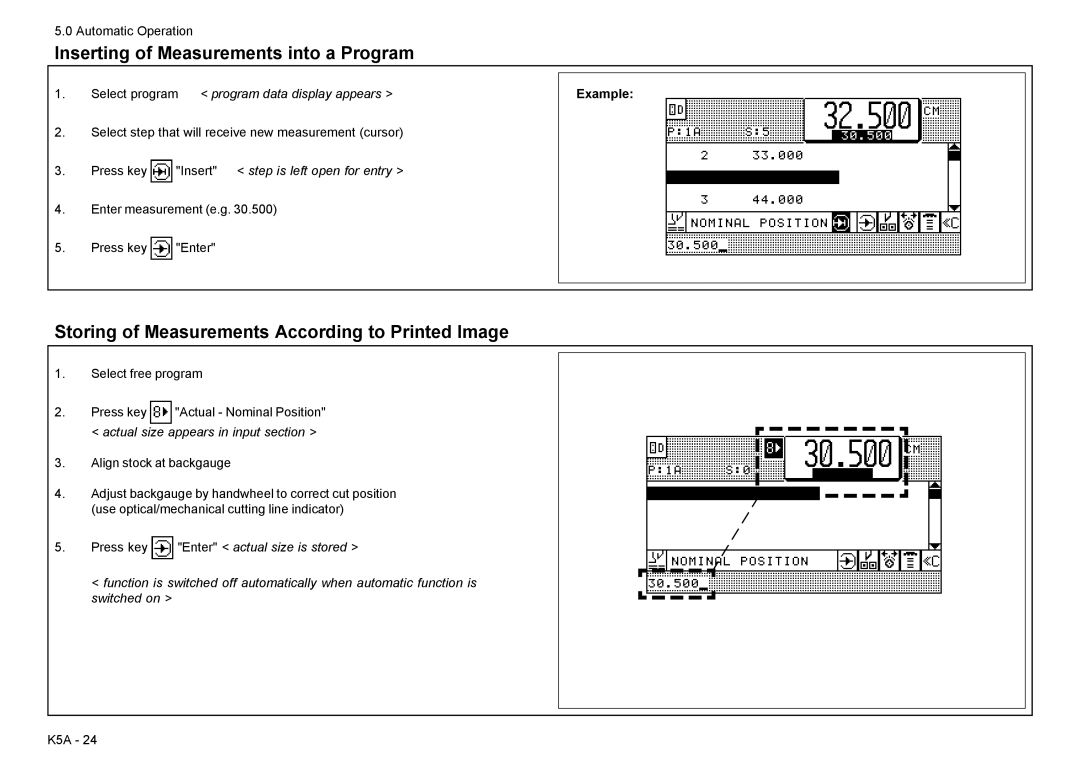 Baum Bros. Imports 26.4 manual Inserting of Measurements into a Program, Storing of Measurements According to Printed Image 