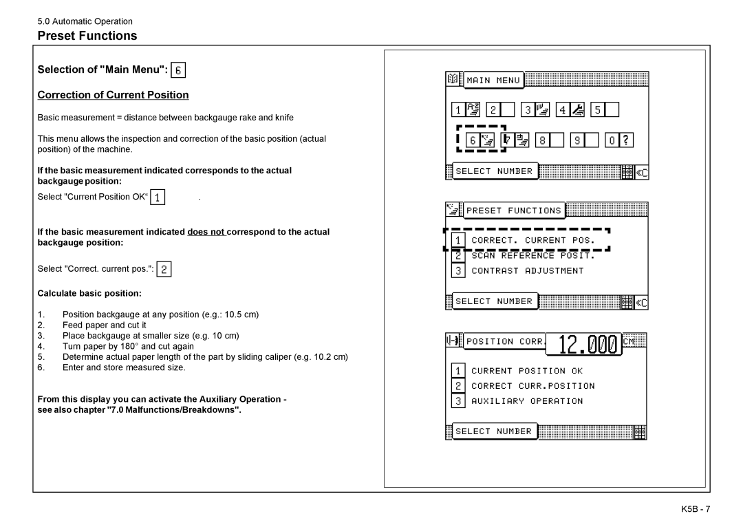 Baum Bros. Imports 26.4 Preset Functions, Selection of Main Menu Correction of Current Position, Calculate basic position 