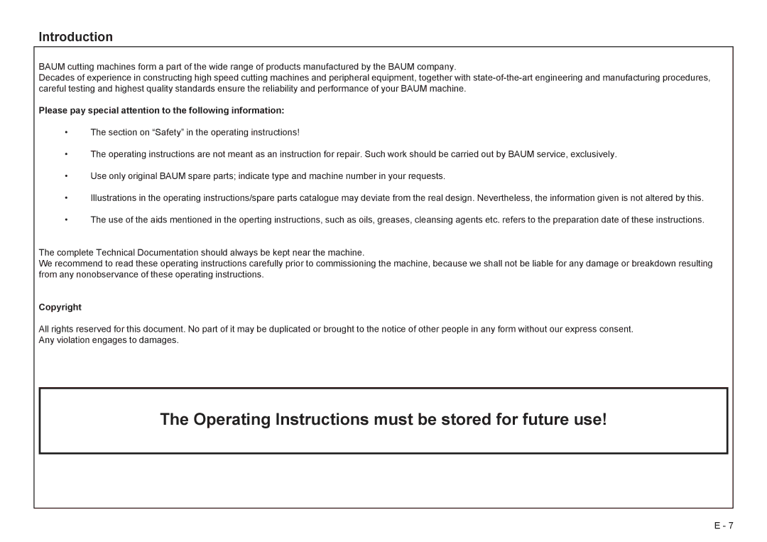 Baum Bros. Imports 26.4 manual Introduction, Please pay special attention to the following information, Copyright 