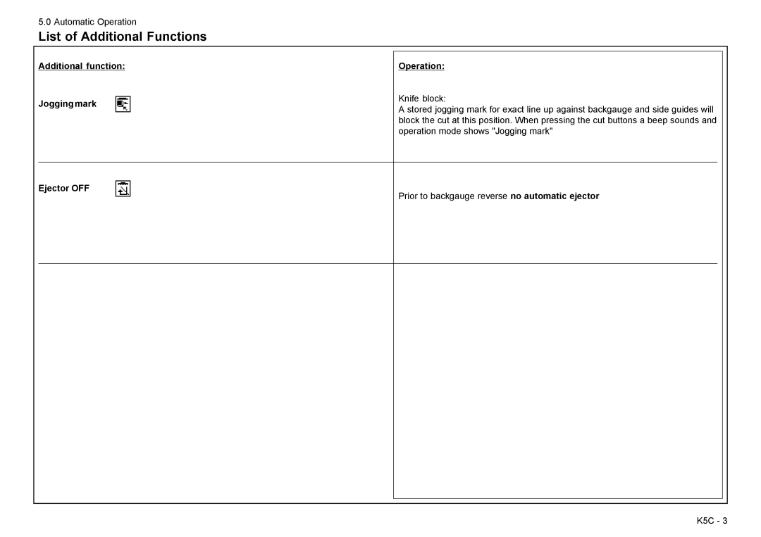 Baum Bros. Imports 26.4 manual List of Additional Functions, Additional function Jogging mark Operation, Ejector OFF 