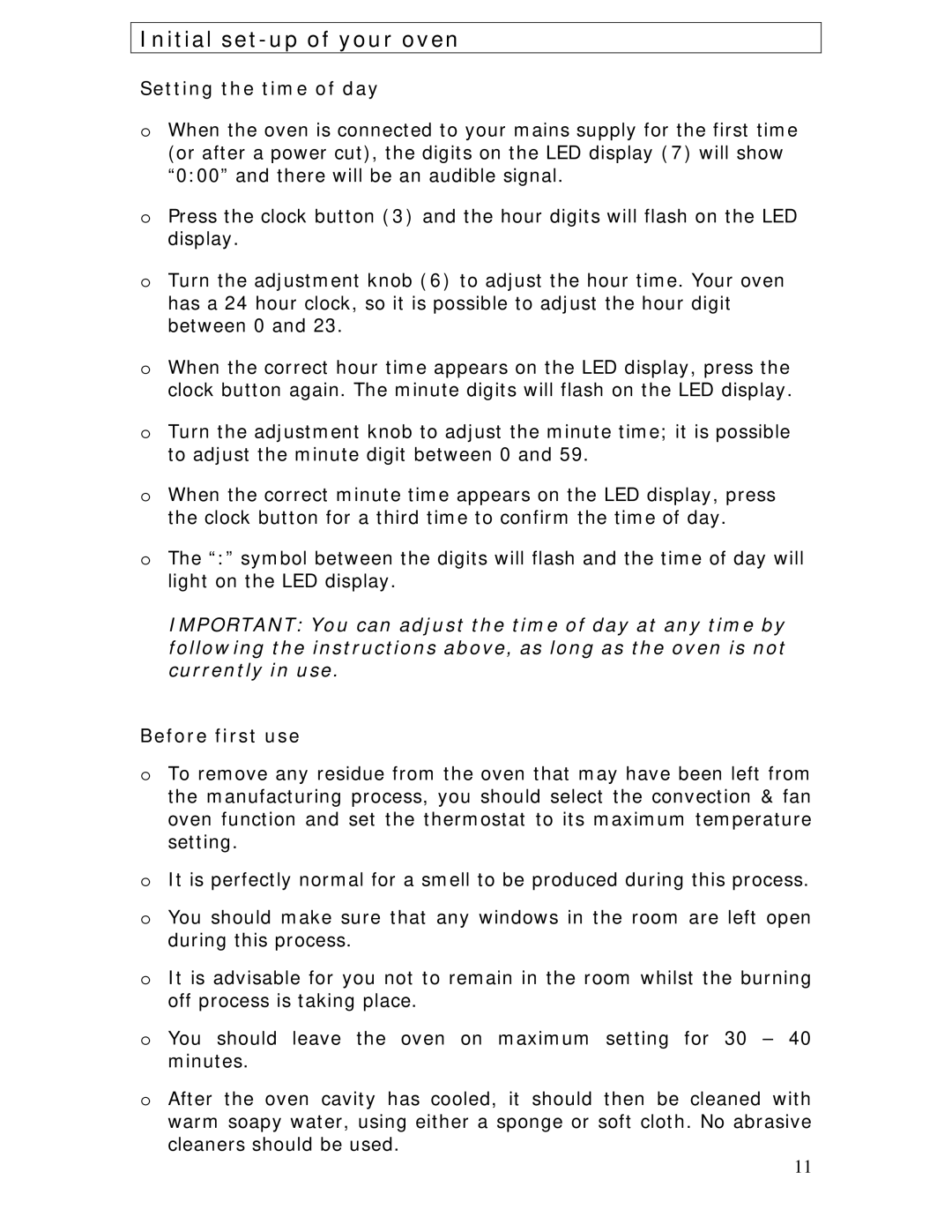 Baumatic B610MC manual Initial set-up of your oven, Setting the time of day, Before first use 