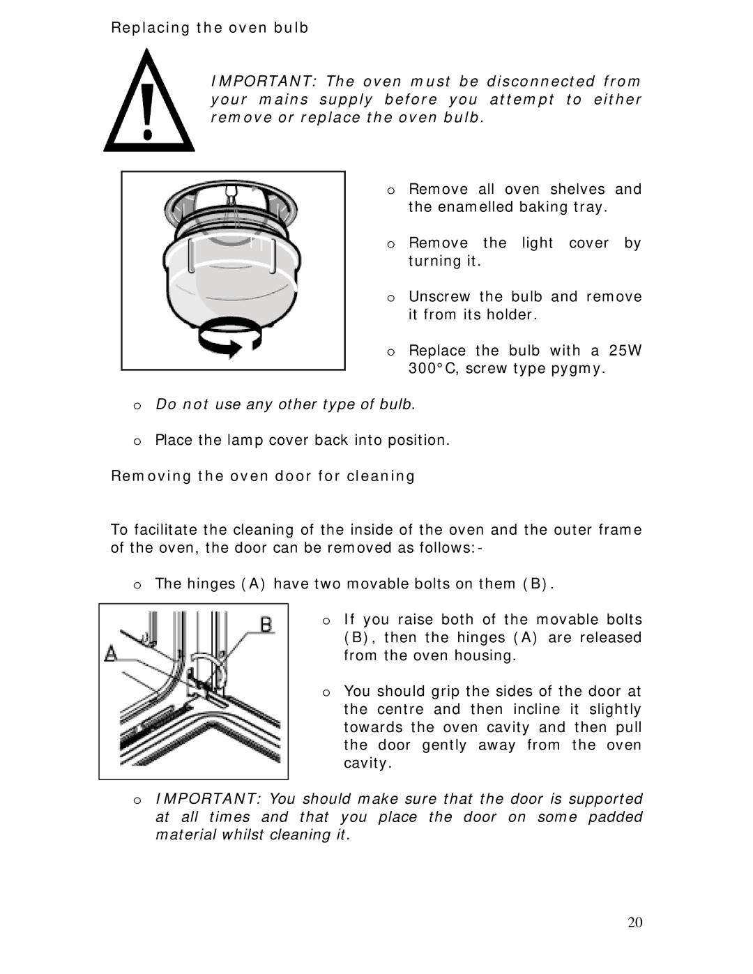 Baumatic B610MC manual Replacing the oven bulb, Removing the oven door for cleaning 