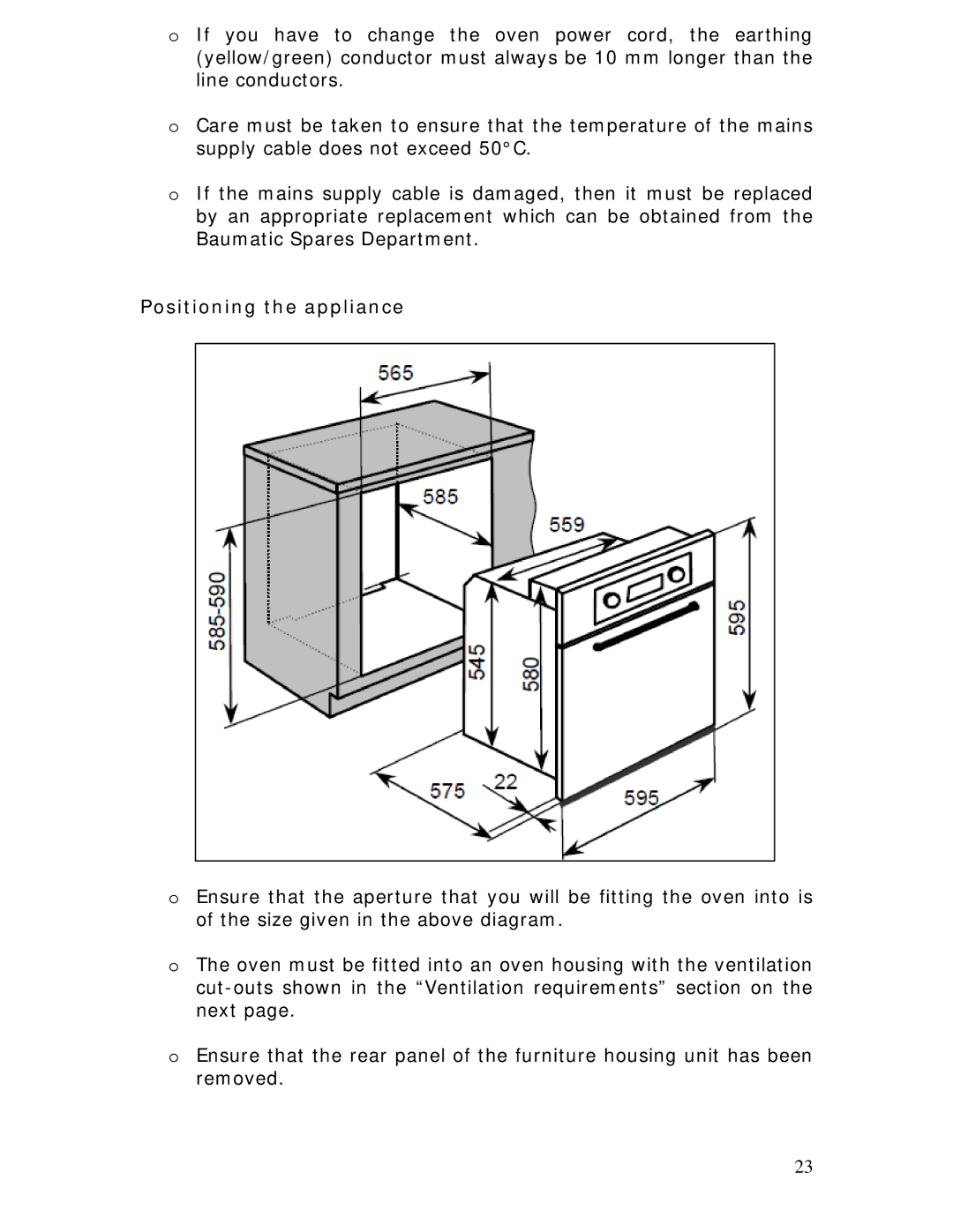 Baumatic B610MC manual Positioning the appliance 