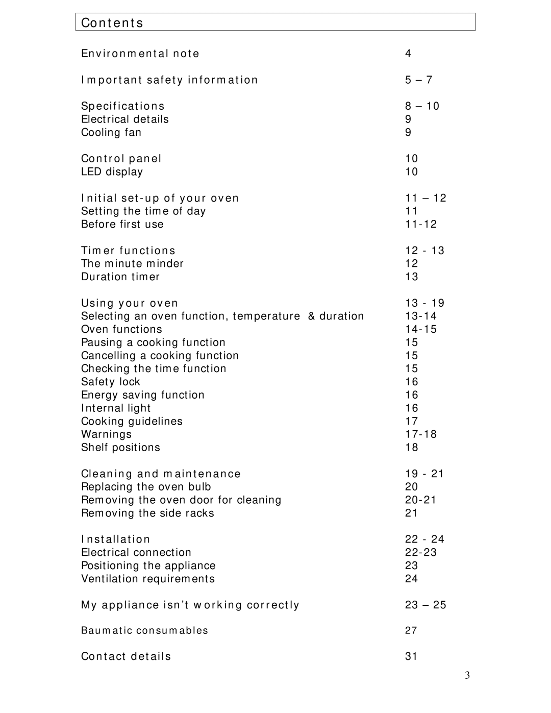 Baumatic B610MC manual Contents 