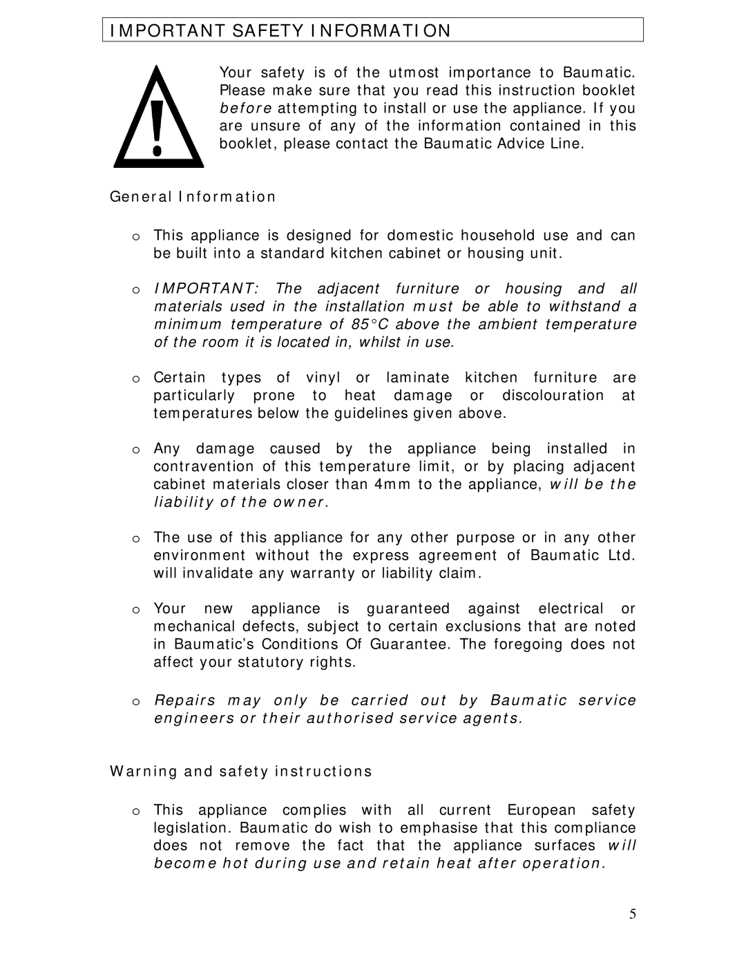 Baumatic B610MC manual Important Safety Information, General Information 