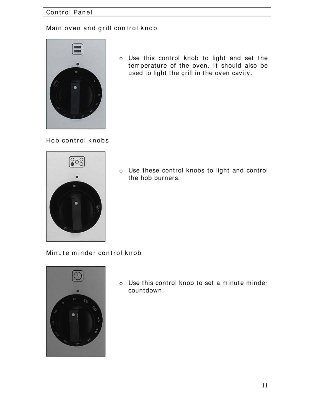 Baumatic BC190.2TCSS manual Control Panel Main oven and grill control knob, Hob control knobs, Minute minder control knob 