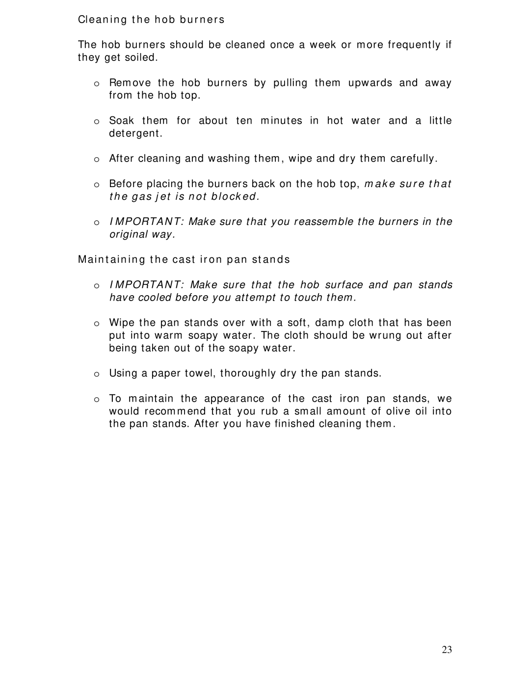 Baumatic BC190.2TCSS manual Cleaning the hob burners, Maintaining the cast iron pan stands 