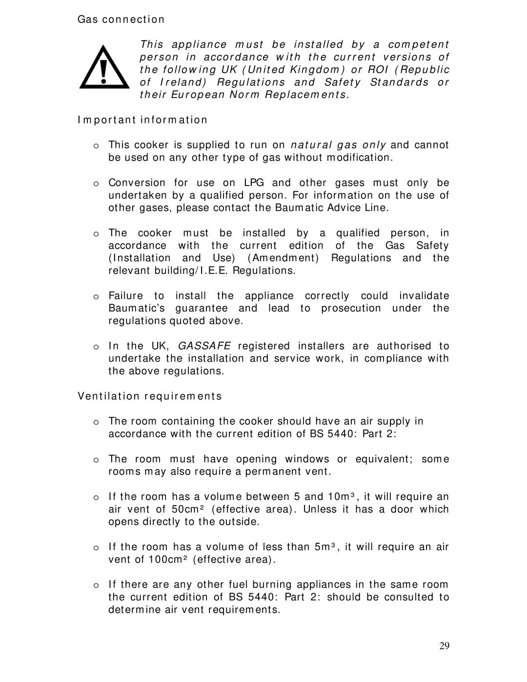 Baumatic BC190.2TCSS manual Gas connection, Important information, Ventilation requirements 