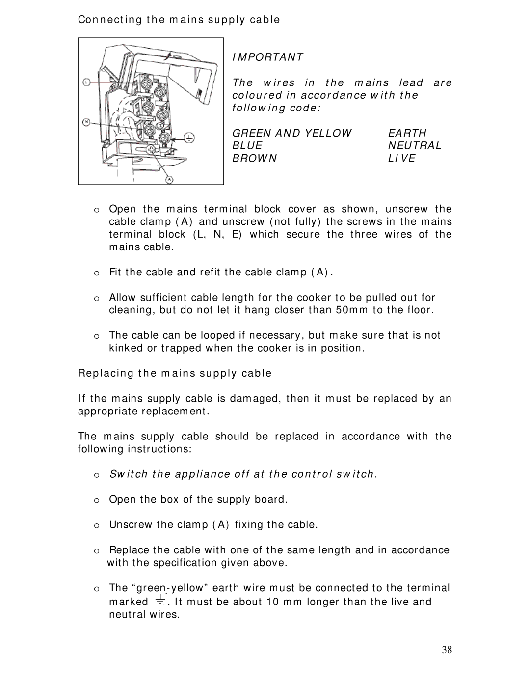 Baumatic BC190.2TCSS manual Connecting the mains supply cable, Replacing the mains supply cable 