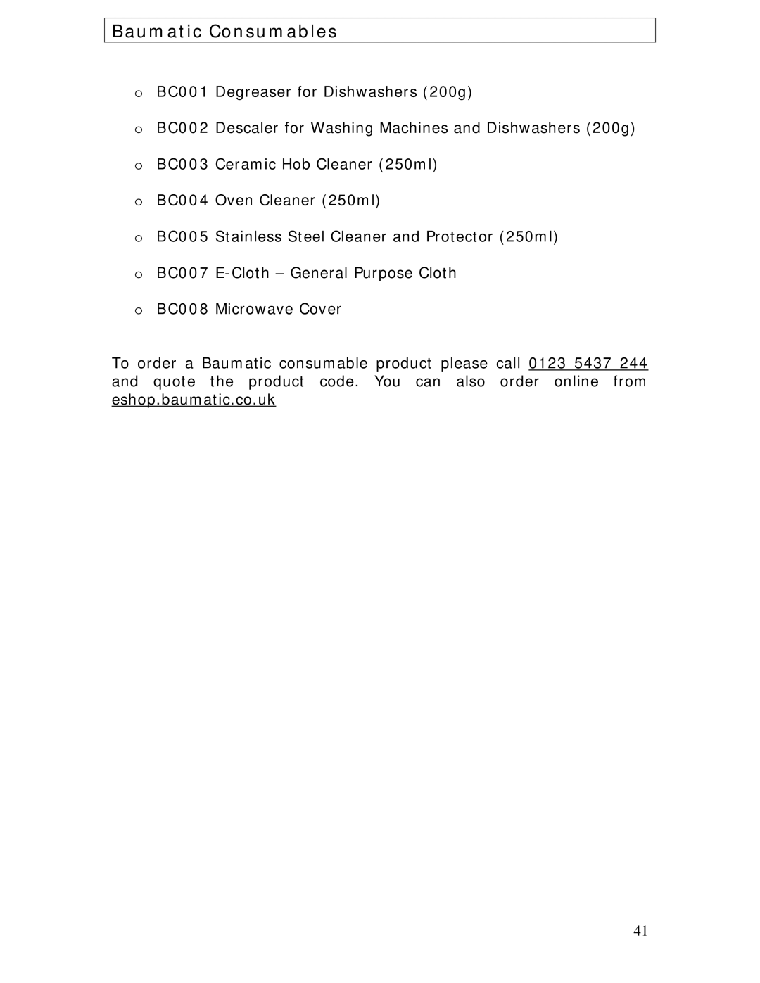 Baumatic BC190.2TCSS manual Baumatic Consumables 