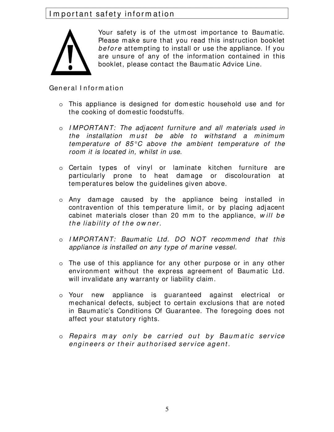 Baumatic BC190.2TCSS manual Important safety information, General Information 