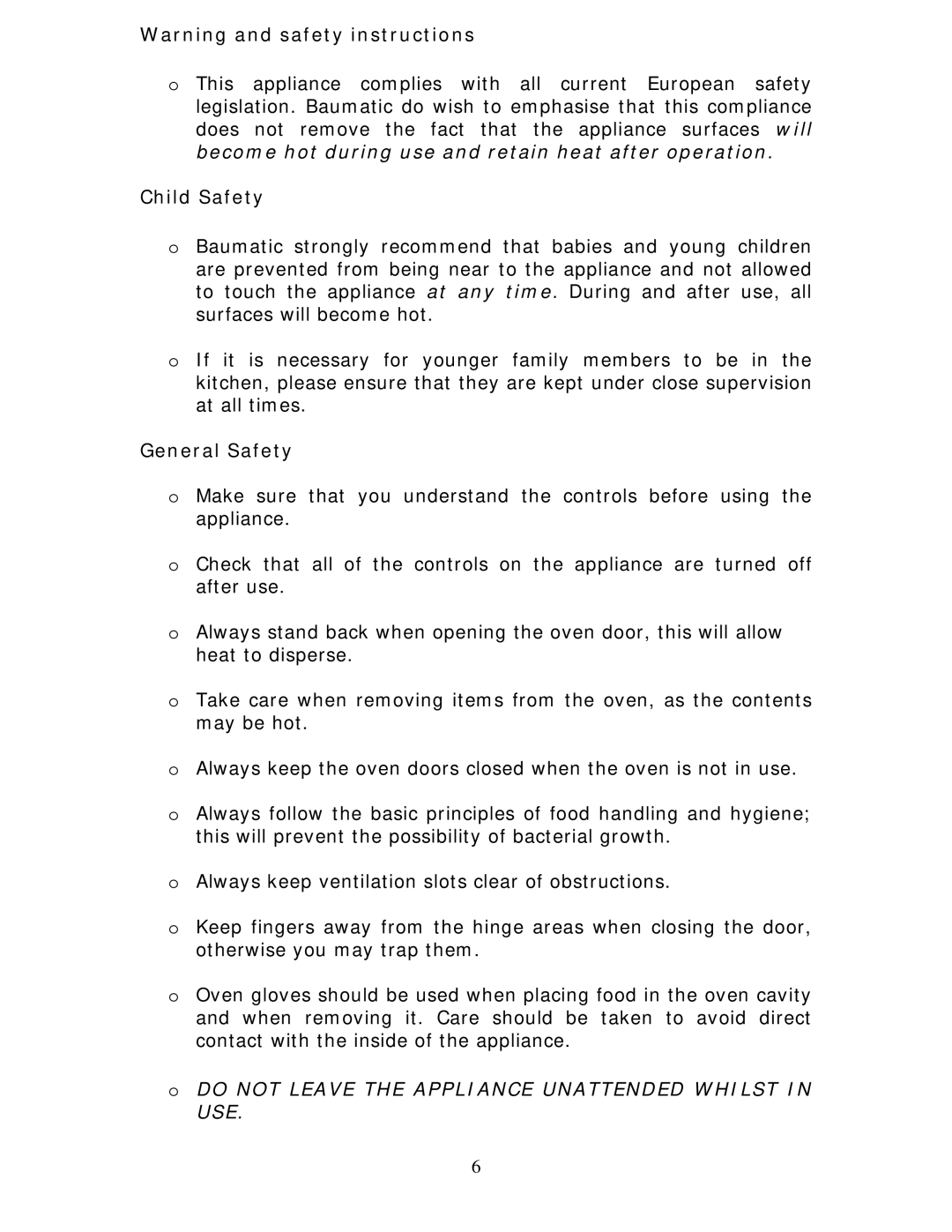 Baumatic BC190.2TCSS manual Become hot during use and retain heat after operation, Child Safety, General Safety 