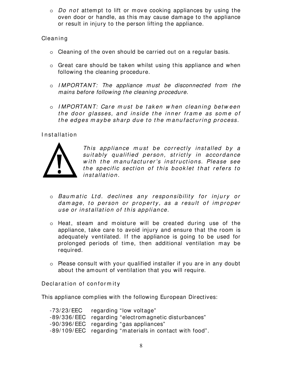 Baumatic BC190.2TCSS manual Cleaning, Installation, Declaration of conformity 