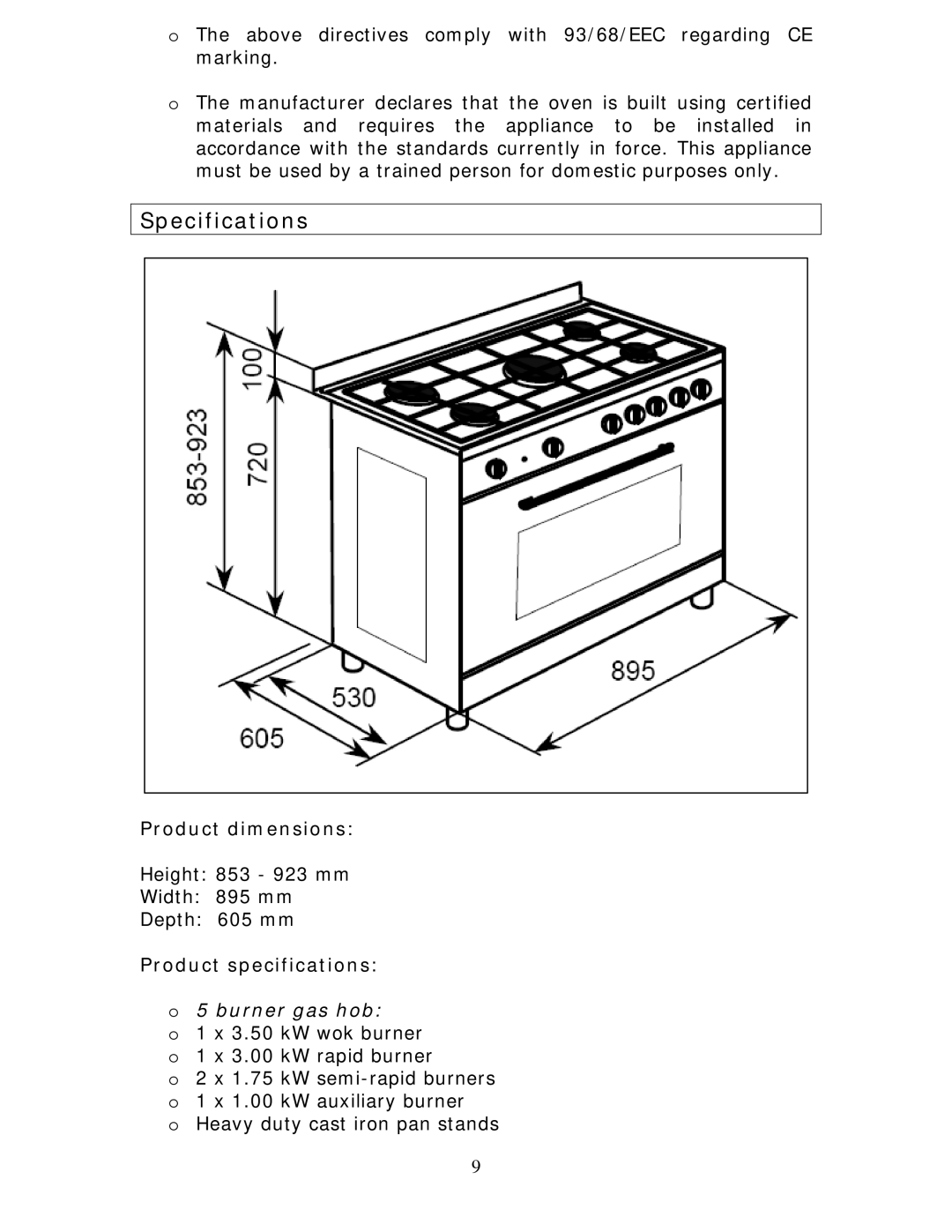 Baumatic BC190.2TCSS manual Specifications, Product dimensions, Product specifications, Burner gas hob 