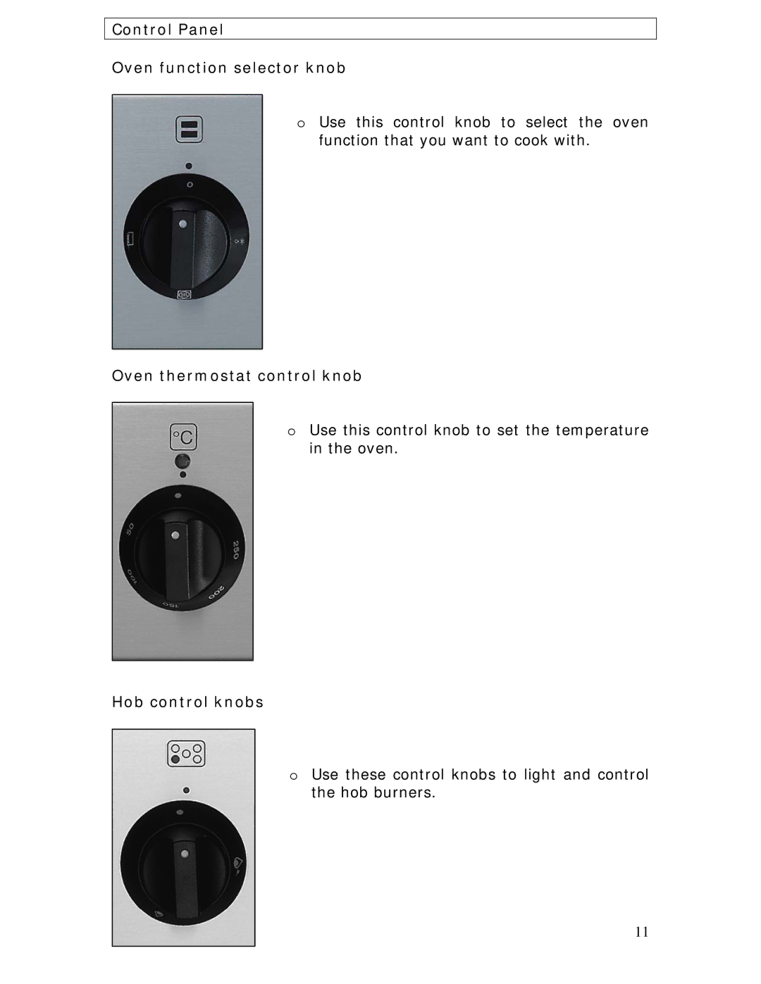 Baumatic BC391.3TCSS manual Control Panel Oven function selector knob, Oven thermostat control knob, Hob control knobs 