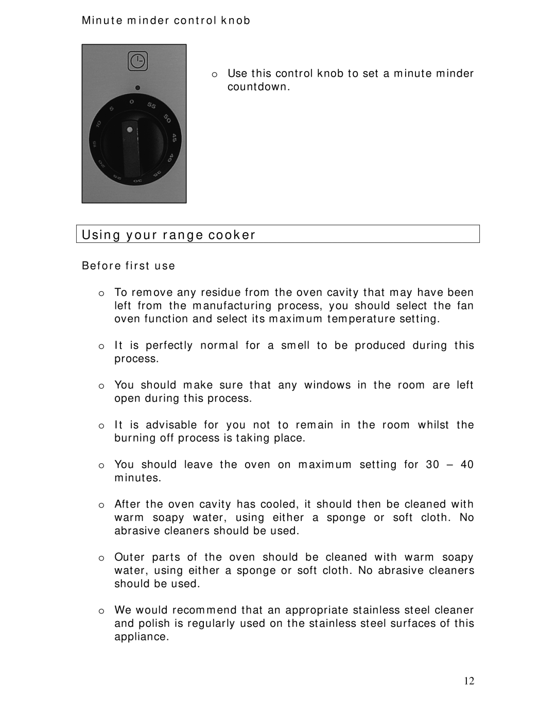 Baumatic BC391.3TCSS manual Using your range cooker, Minute minder control knob, Before first use 