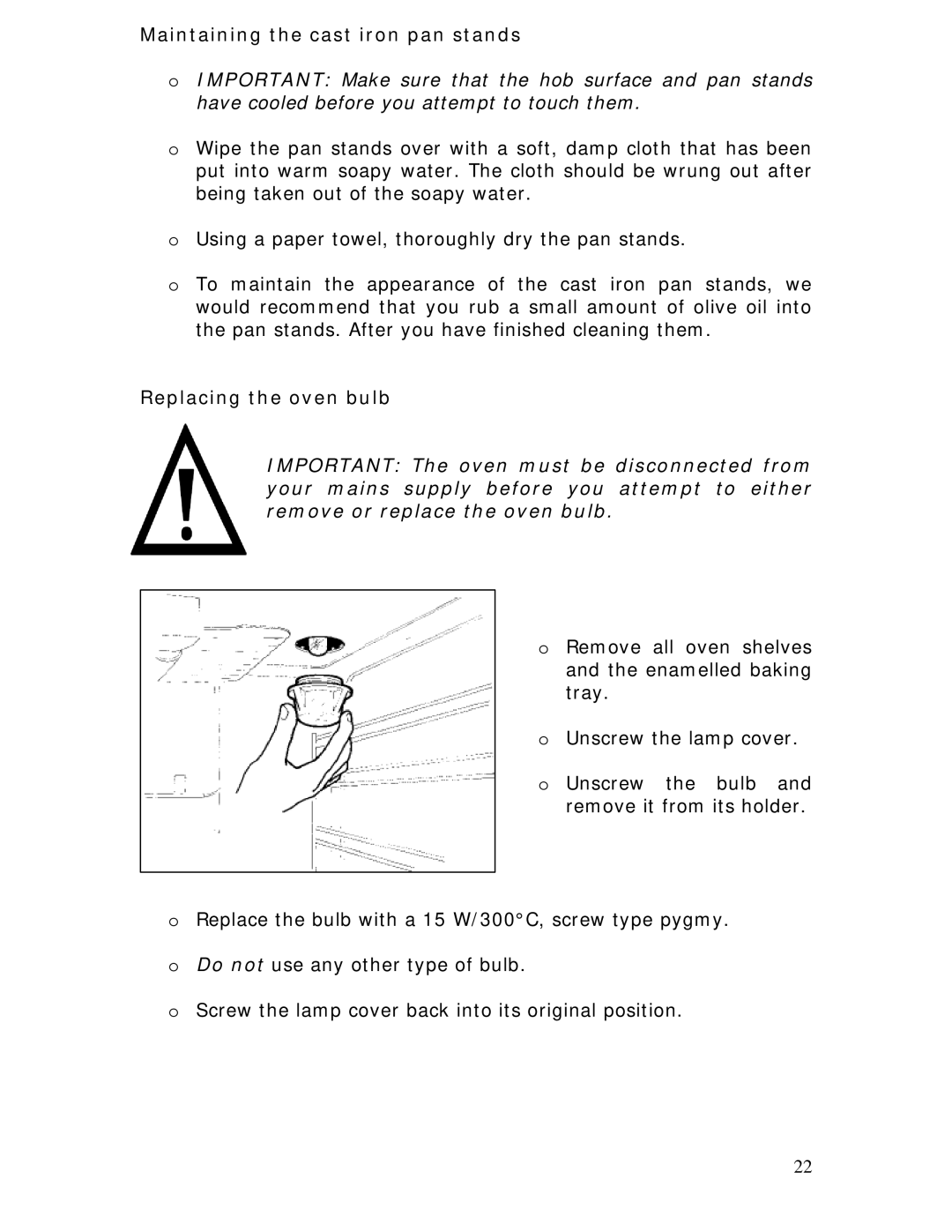 Baumatic BC391.3TCSS manual Maintaining the cast iron pan stands, Replacing the oven bulb 
