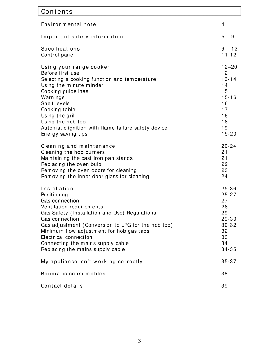 Baumatic BC391.3TCSS manual Contents 