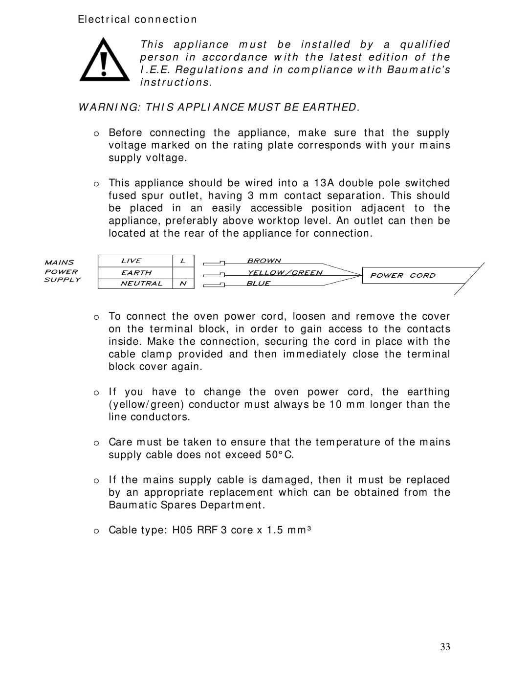 Baumatic BC391.3TCSS manual Electrical connection 