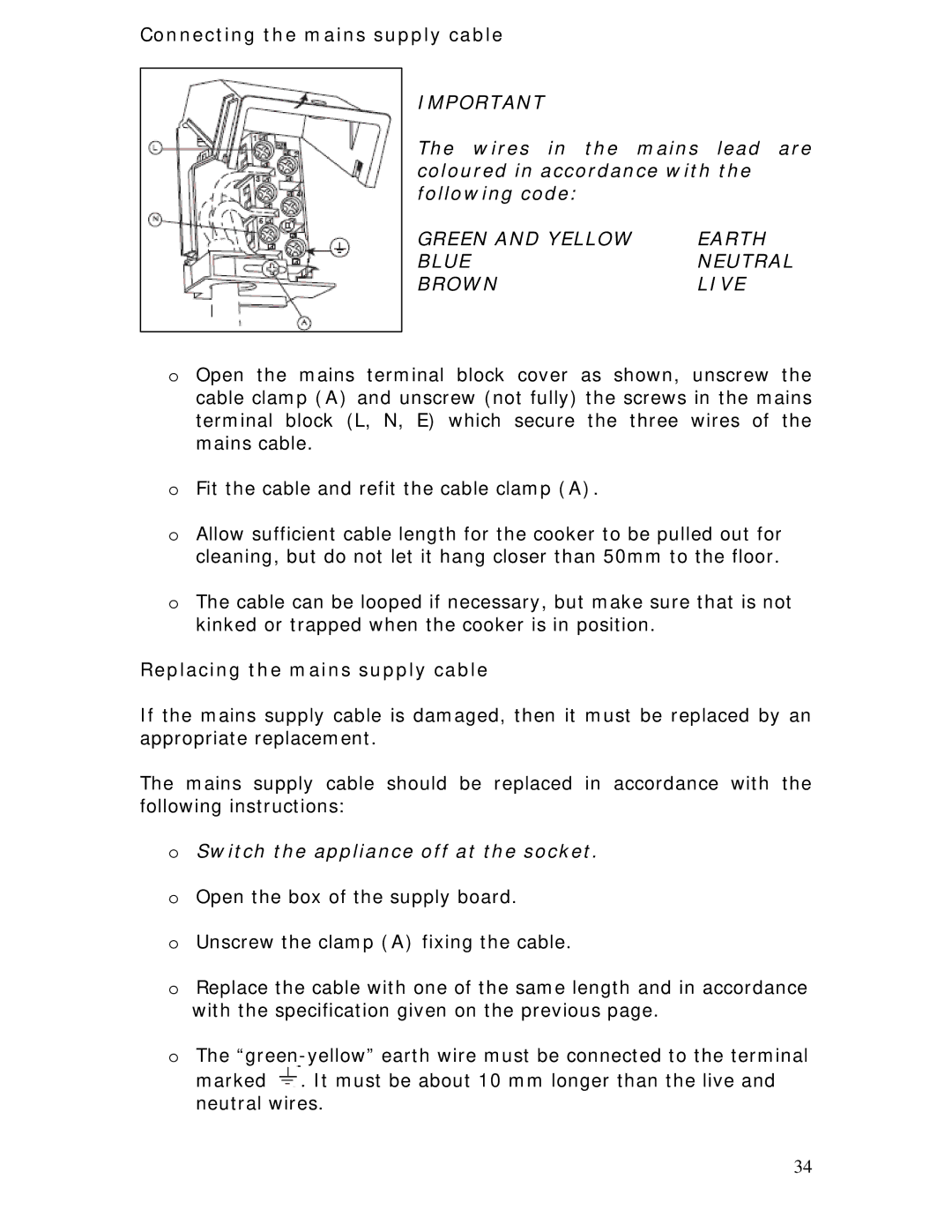 Baumatic BC391.3TCSS manual Connecting the mains supply cable, Replacing the mains supply cable 