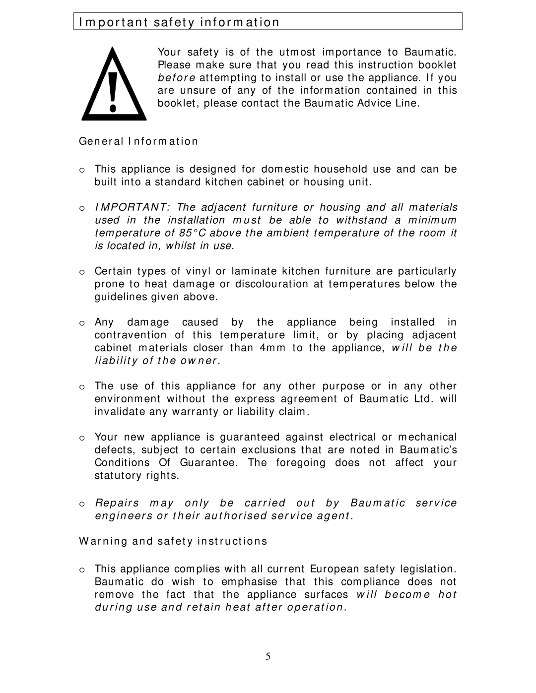 Baumatic BC391.3TCSS manual Important safety information, General Information 