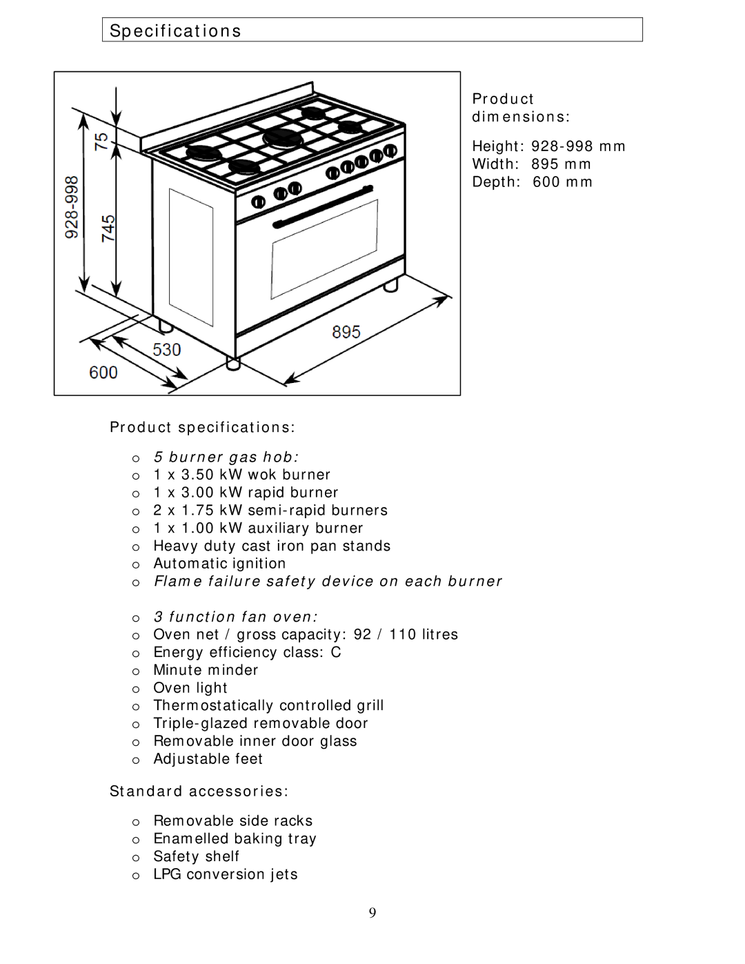 Baumatic BC391.3TCSS Specifications, Product dimensions, Product specifications, Burner gas hob, Standard accessories 