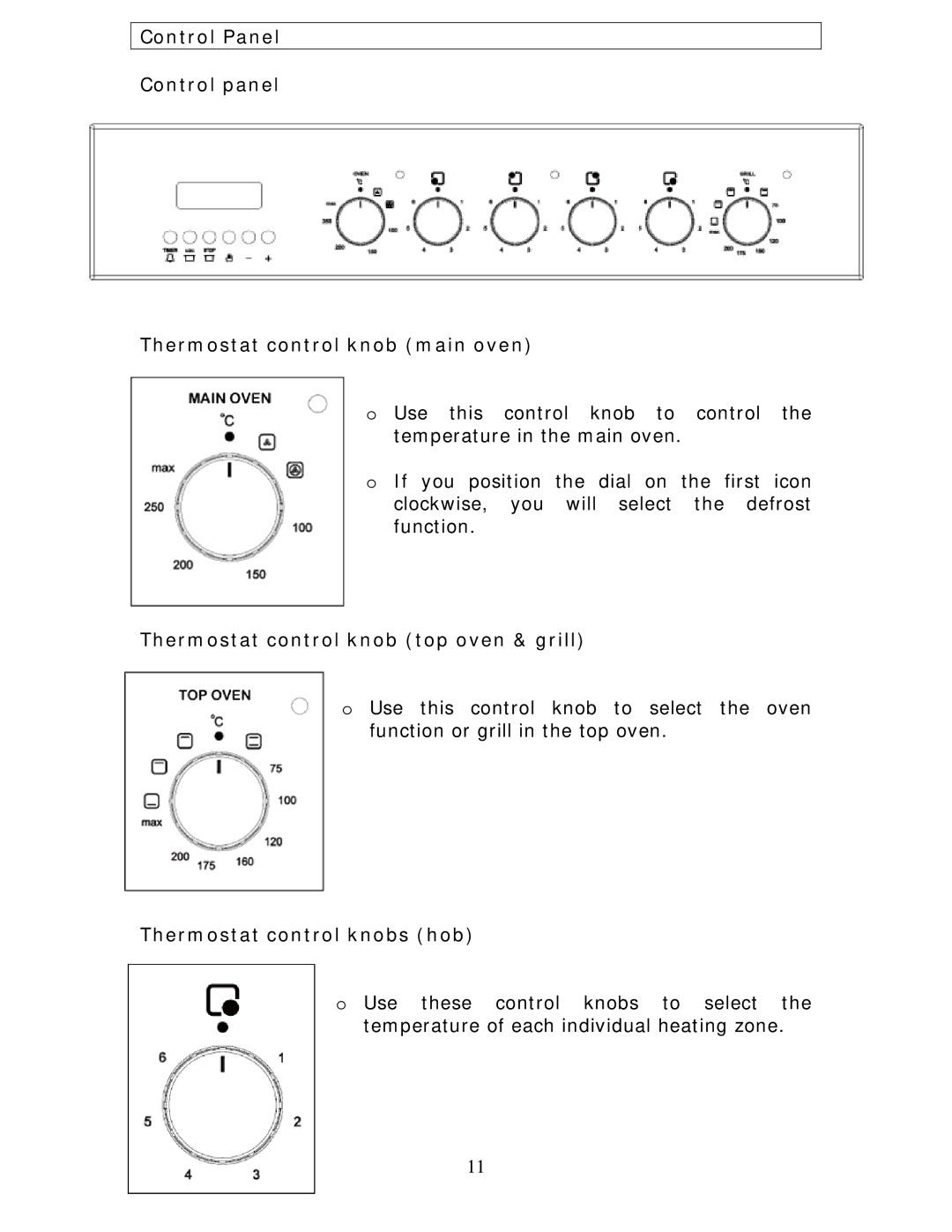 Baumatic BCE625BL manual Thermostat control knob top oven & grill, Thermostat control knobs hob 