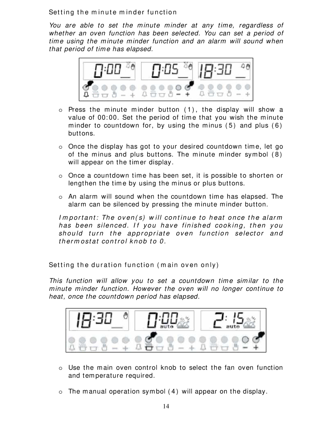 Baumatic BCE625BL manual Setting the minute minder function, Setting the duration function main oven only 