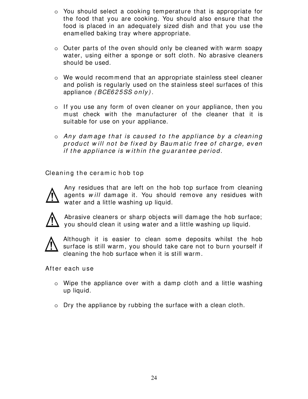 Baumatic BCE625BL manual Cleaning the ceramic hob top, After each use 