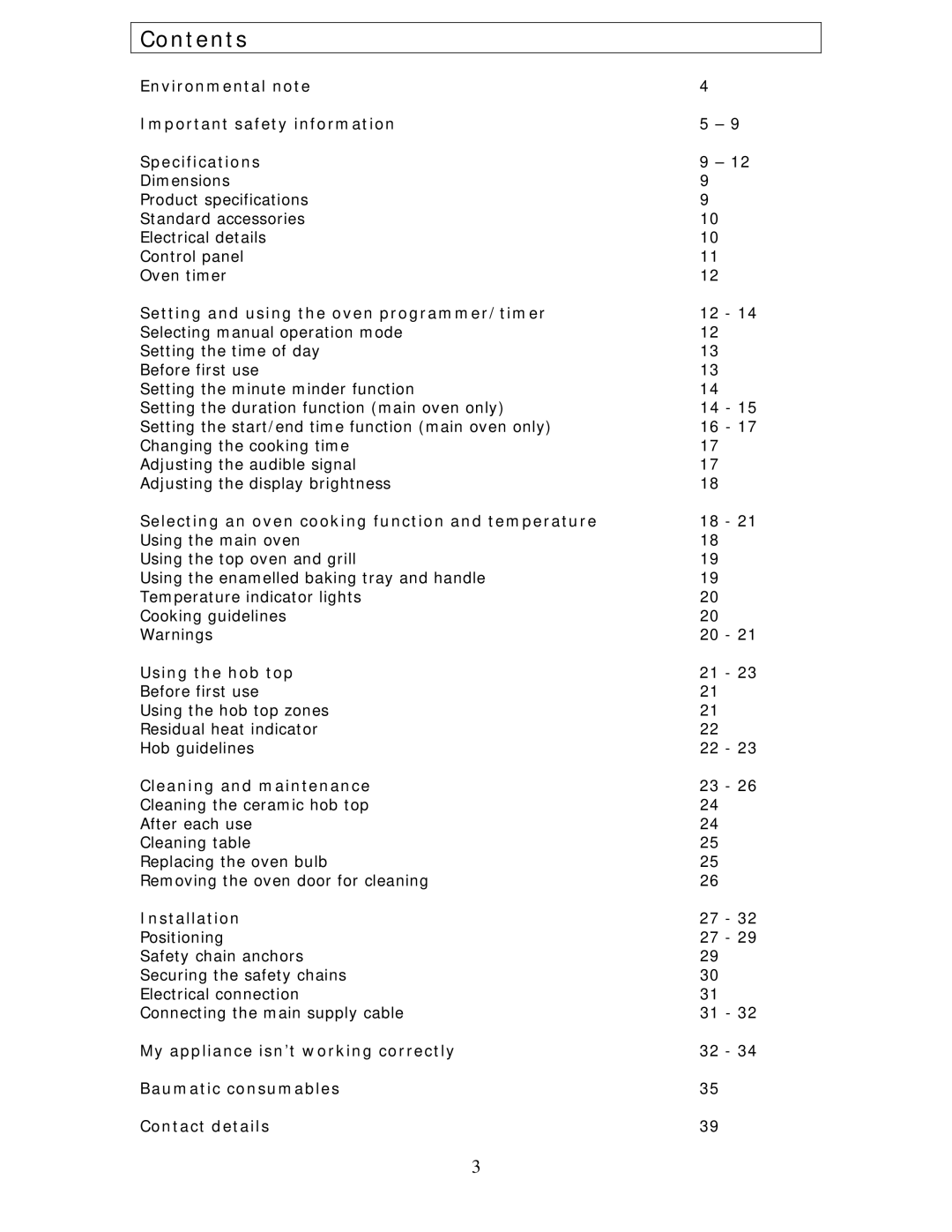 Baumatic BCE625BL manual Contents 