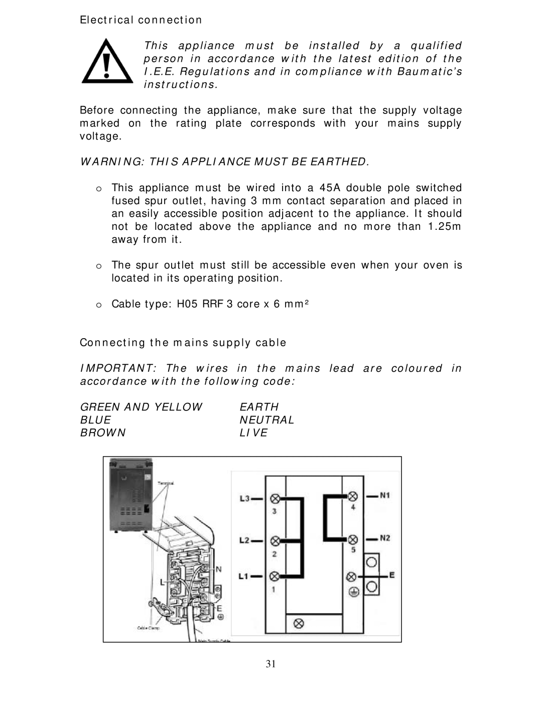 Baumatic BCE625BL manual Electrical connection, Connecting the mains supply cable 