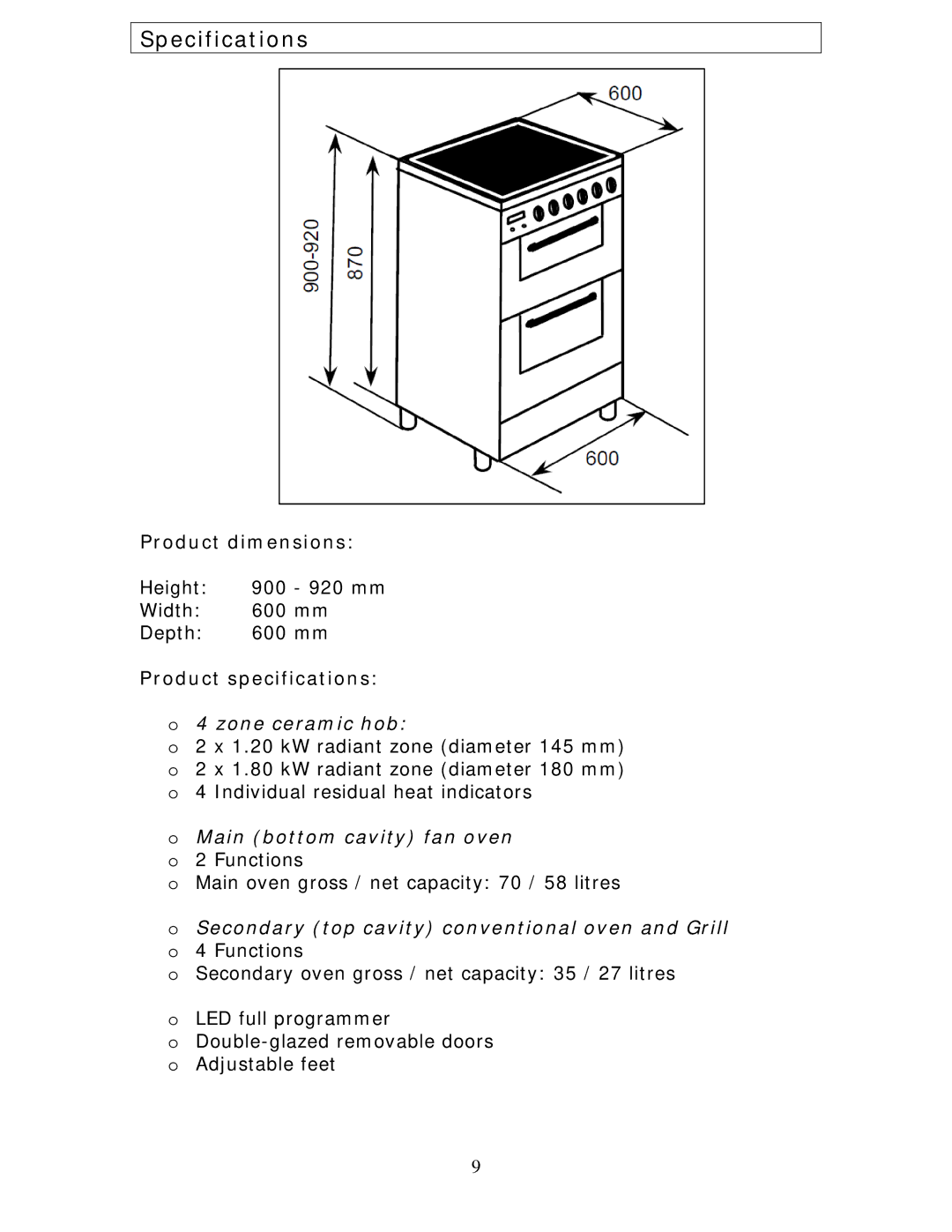 Baumatic BCE625BL manual Specifications, Product dimensions, Product specifications, Zone ceramic hob 