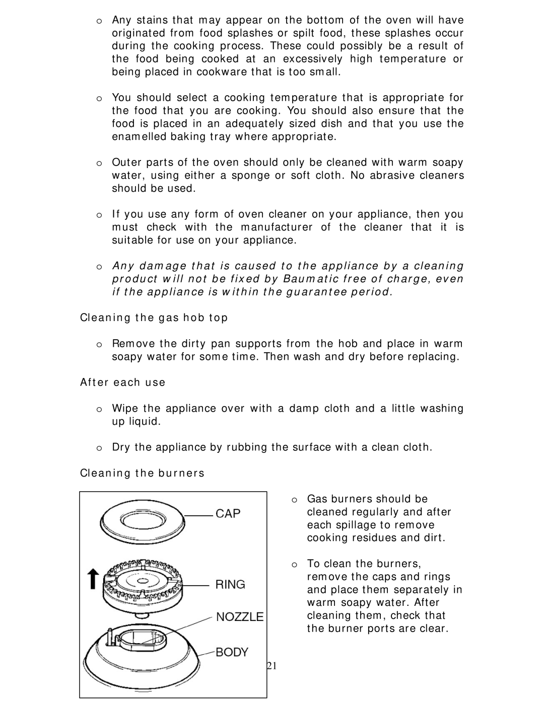 Baumatic BCG520R manual Cleaning the gas hob top, After each use, Cleaning the burners 