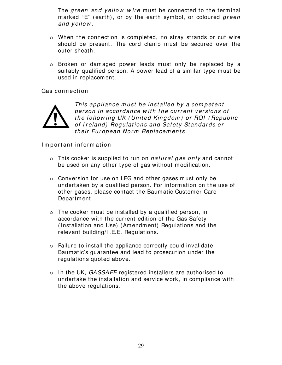 Baumatic BCG520R manual Gas connection, Important information 