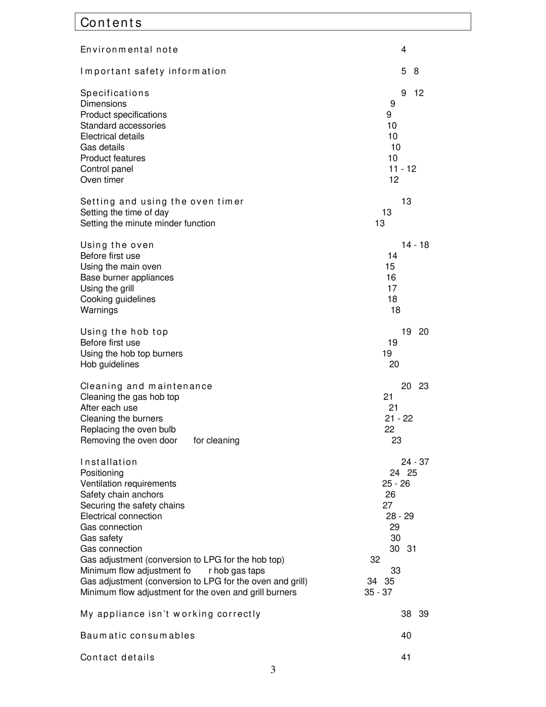 Baumatic BCG520R manual Contents 