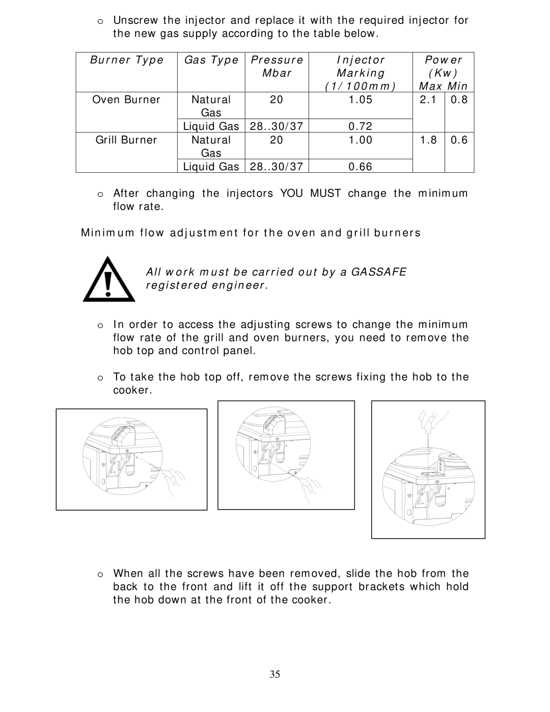 Baumatic BCG520R manual Minimum flow adjustment for the oven and grill burners 