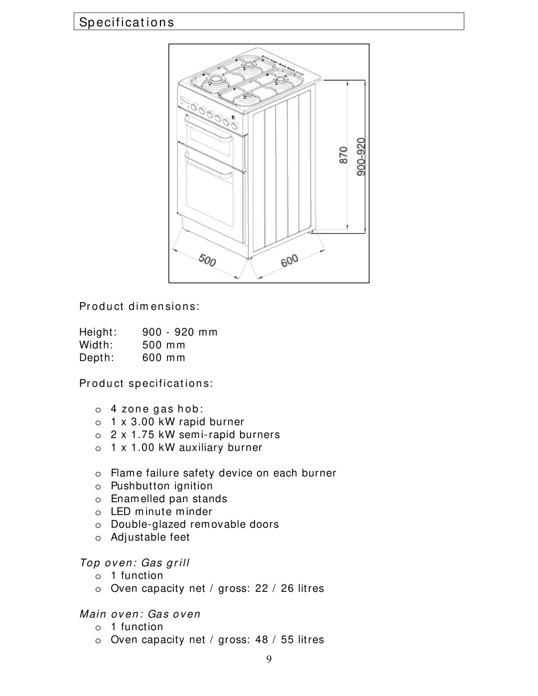 Baumatic BCG520R manual Specifications, Product dimensions, Product specifications Zone gas hob, Top oven Gas grill 