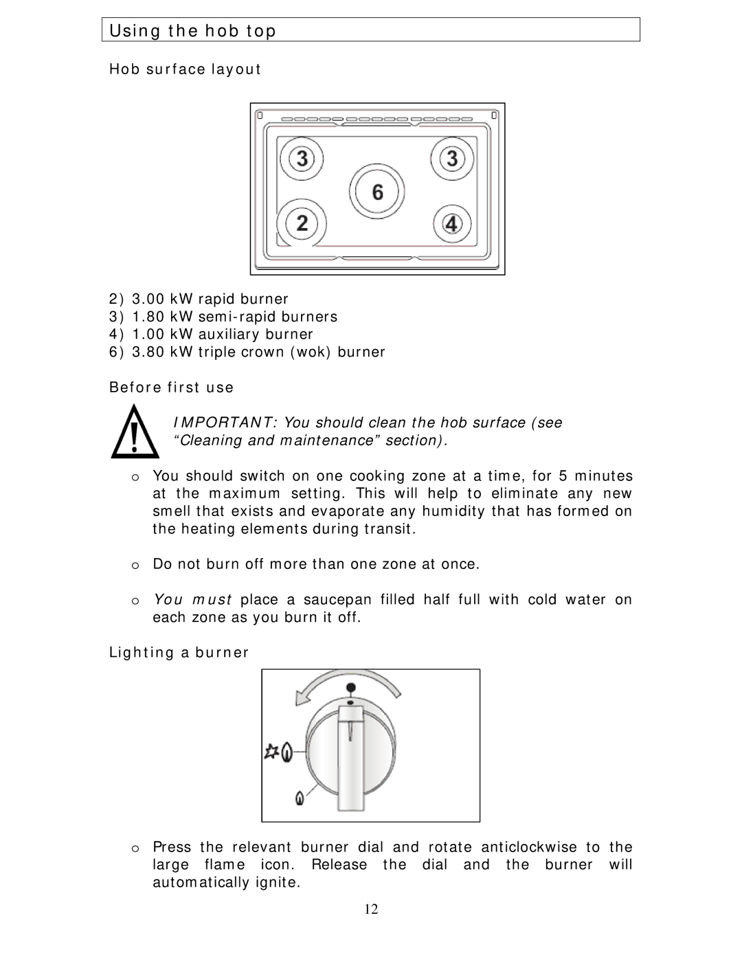 Baumatic BCG925SS manual Using the hob top, Hob surface layout, Before first use, Lighting a burner 