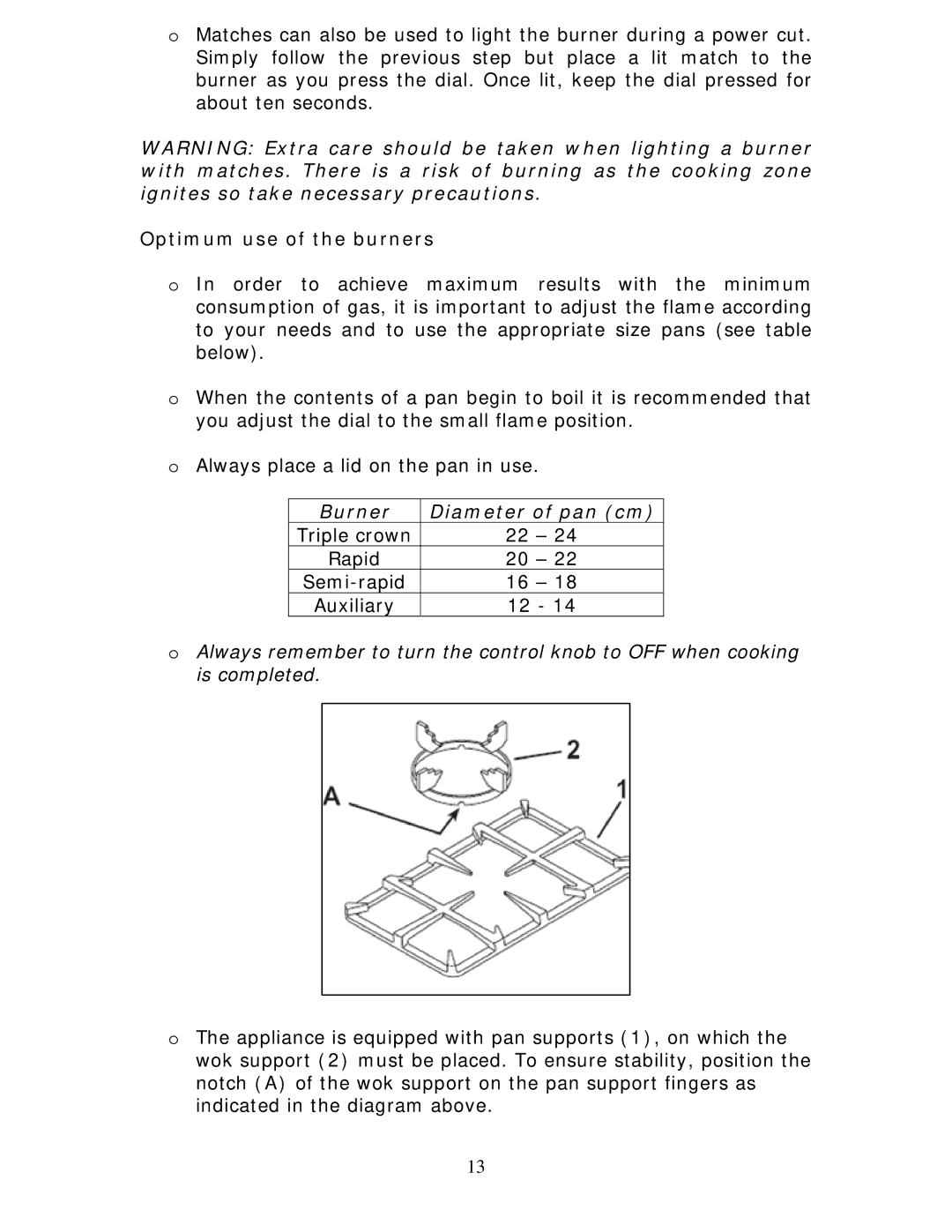 Baumatic BCG925SS manual Optimum use of the burners, Burner Diameter of pan cm 